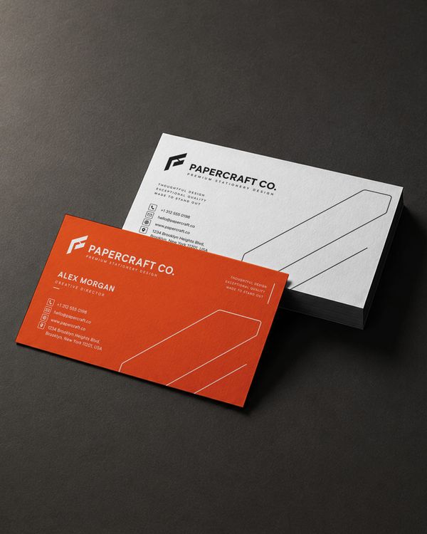 Premium business card stack mockup with textured paper, bold orange accents, and elegant stationery branding.