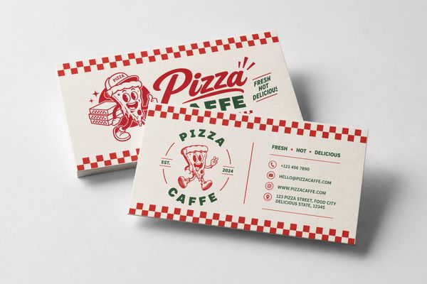 Retro cafe business card mockup featuring cream textured paper, red checkerboard borders, green typography, and a playful pizza mascot on a light background.