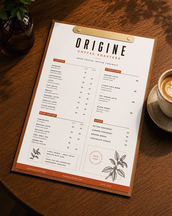 Coffee shop menu mockup with a refined cafe menu layout, terracotta details, and a wooden clipboard on a rich wood table, perfect for presenting coffee shop branding and menu design.