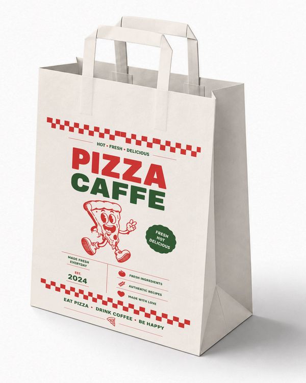 Cafe paper shopping bag mockup with red and green pizza restaurant branding on a clean white background.