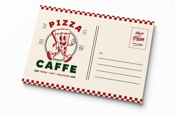 Cafe postcard mockup with retro pizza mascot illustration, red and green typography, and checkerboard borders on a clean white background.