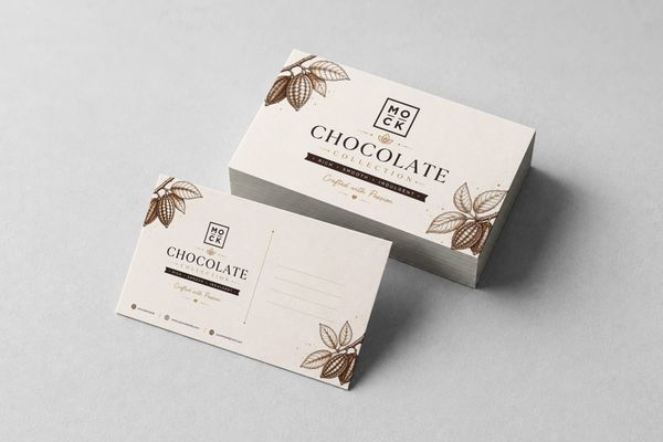 Premium chocolate business card mockup with elegant cocoa illustrations and refined confectionery branding.