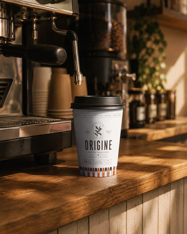 Coffee cup counter mockup with a takeaway cup placed beside an espresso machine on a rustic wooden counter, creating a warm and premium café atmosphere.