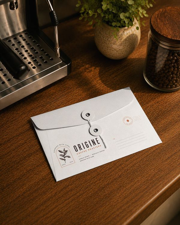 Coffee envelope stationery mockup displayed on a warm wooden cafe counter with an espresso machine, coffee beans, and greenery for a premium branding presentation.