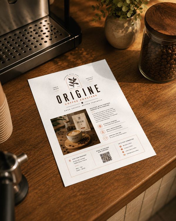 Minimalist coffee flyer mockup displayed on a warm wooden counter with an espresso machine, coffee beans, and ORIGINE Coffee Roasters branding.