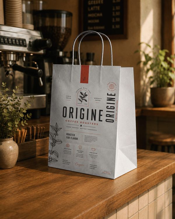 Coffee paper bag mockup displayed on a wooden café counter with espresso equipment and warm natural lighting, ideal for presenting coffee shop branding, takeaway packaging, and specialty coff