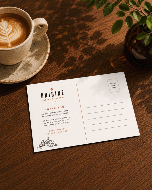 Coffee postcard mockup displayed on a rich wooden café table beside a latte and botanical decor, featuring elegant typography and specialty coffee branding for a warm, premium presentation.