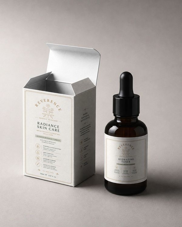 Cosmetic bottle and box packaging mockup featuring an amber glass dropper bottle, white carton, and elegant gold skincare branding on a neutral gray background.