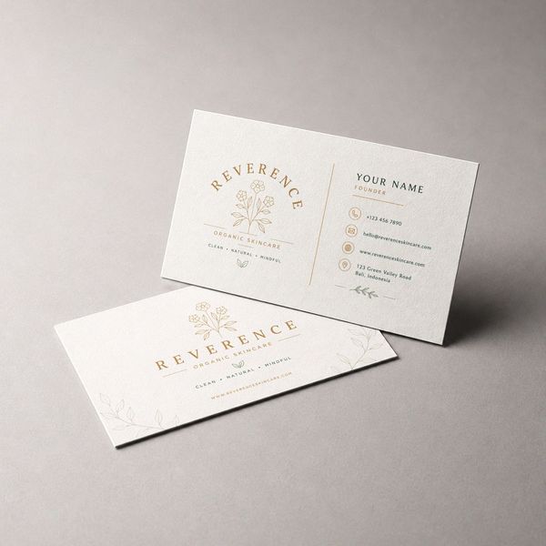 Minimalist cosmetic business card mockup with botanical illustrations, elegant gold details, and refined skincare branding on textured cream paper.