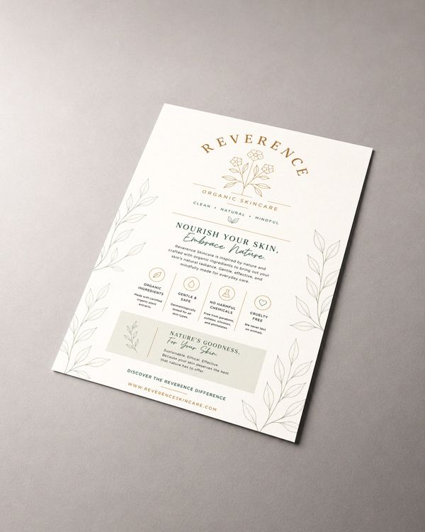 Botanical skincare flyer mockup with delicate leaf illustrations, elegant gold typography, and a clean cream layout on a neutral background.