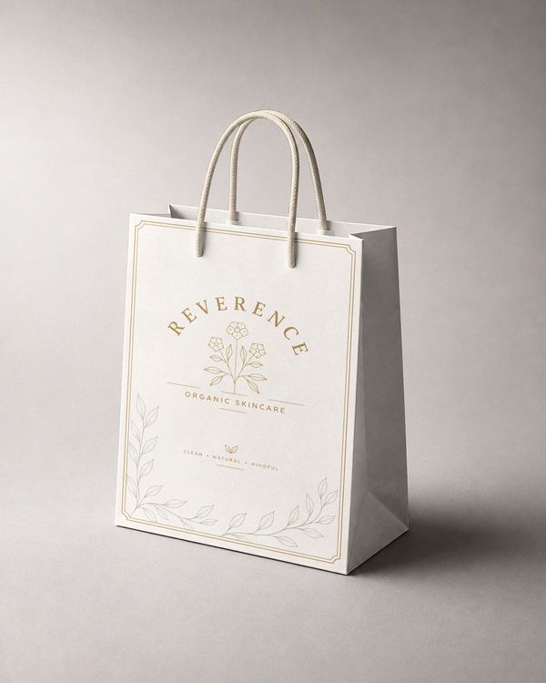 Cosmetic paper bag mockup featuring an ivory shopping bag, gold ornamental borders, and delicate botanical illustrations on a soft neutral studio background.