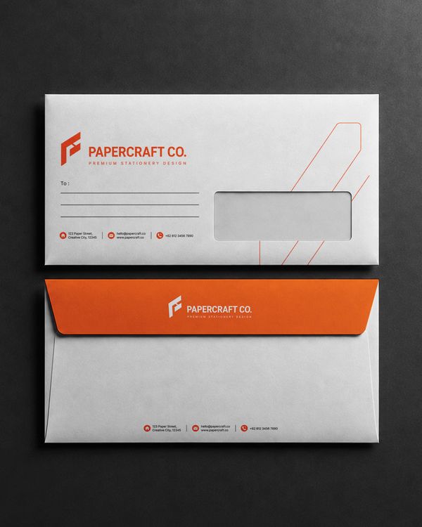 Professional DL envelope mockup featuring front and back views with a clean corporate stationery design.