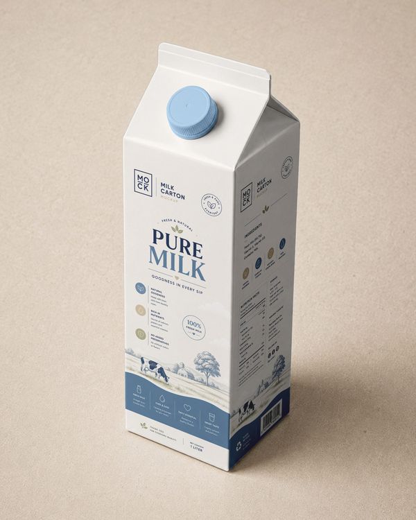 Gable milk carton packaging mockup with a clean dairy-inspired design and detailed retail labeling.