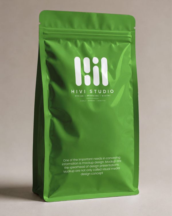 Green stand up pouch packaging mockup with a realistic resealable finish.