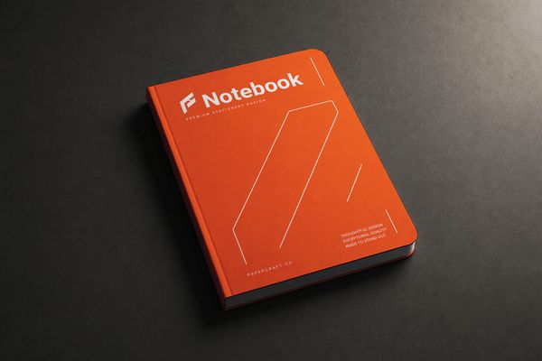 Premium hardcover notebook mockup with a minimalist orange cover and sophisticated stationery presentation.