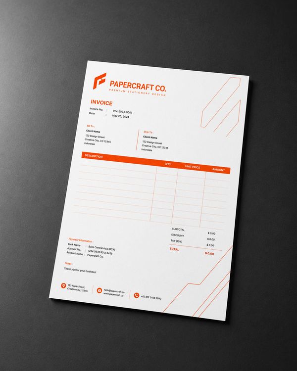 Minimalist invoice paper mockup with a clean professional layout and modern orange branding accents.