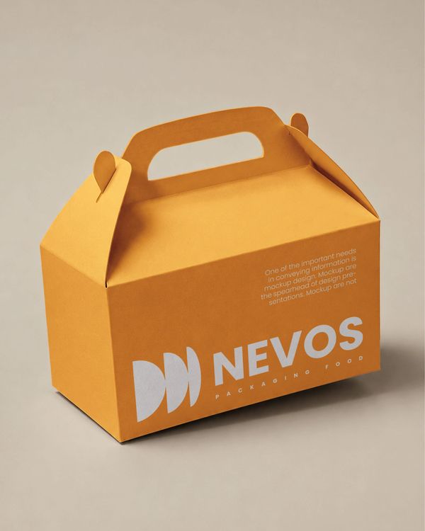 Kraft takeaway food packaging box with a built-in handle, orange cardboard material, and minimalist white branding in a clean studio setting.