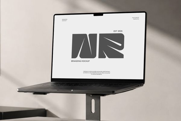 Modern laptop mockup displayed on a desktop stand in a clean minimalist workspace.