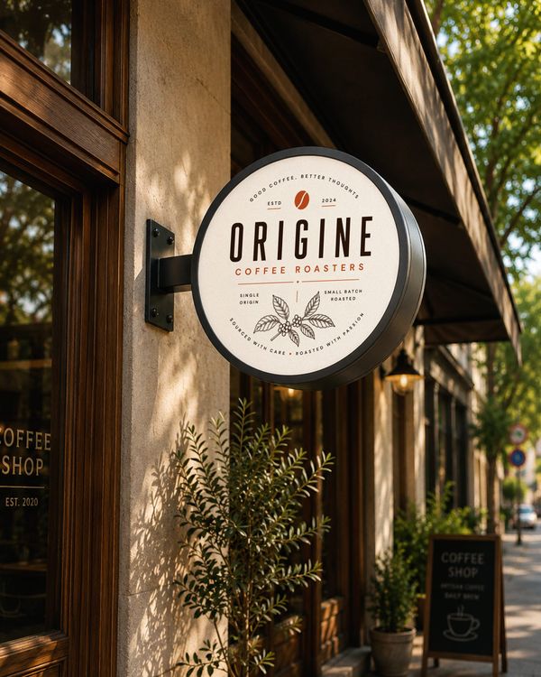 Outdoor coffee shop sign mockup with a round hanging sign displayed on a warm wooden storefront, surrounded by greenery and natural sunlight.