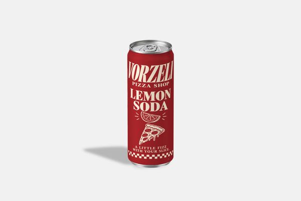 Lemon Soda Can Mockup with Vintage Pizza Branding