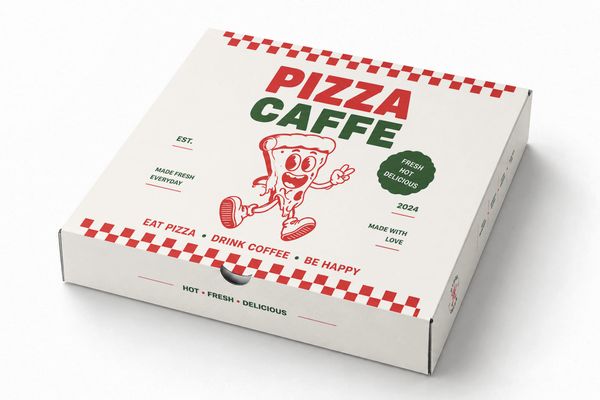 Pizza takeaway box mockup with retro pizza cafe branding, a cheerful pizza mascot, red and green graphics, and classic checkerboard details on cream-colored packaging.