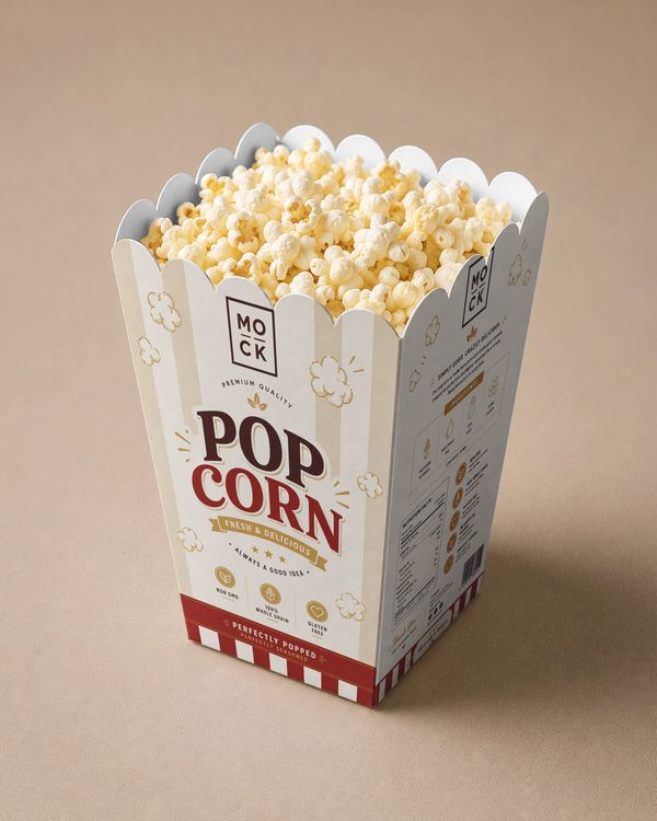 Popcorn food box mockup with playful scalloped edges and bold snack packaging design.Popcorn food box mockup with playful scalloped edges and bold snack packaging design.