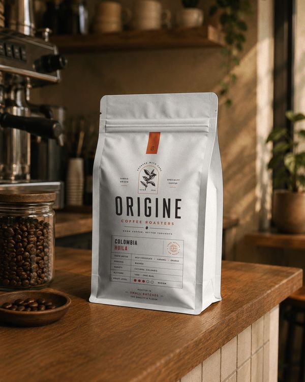 Premium coffee bag mockup displayed on a wooden cafe counter with coffee beans, a glass jar, and espresso equipment in a warm, rustic setting.