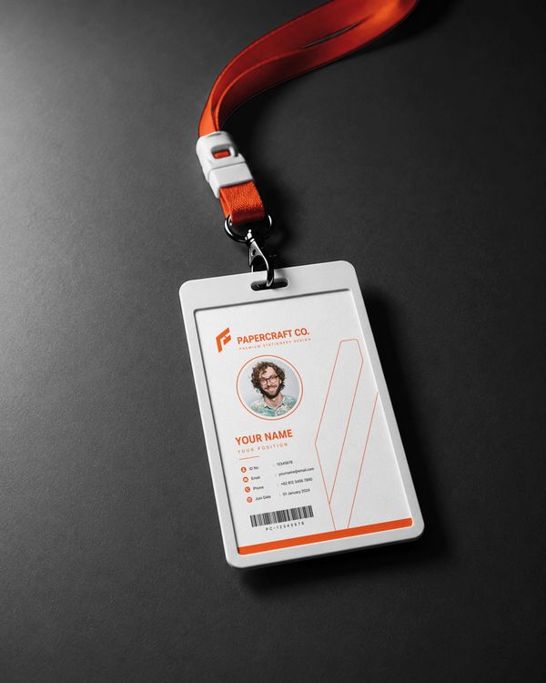 Professional ID card mockup with lanyard, employee badge details, photo area, and barcode design.