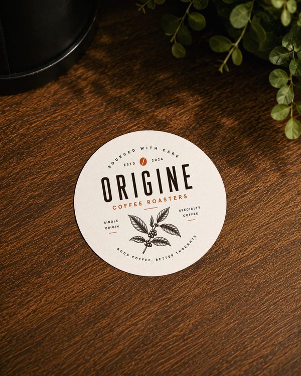 Round coffee sticker mockup displayed on a wooden surface with botanical accents, featuring minimalist typography and vintage-inspired coffee bean illustrations, perfect for showcasing café b