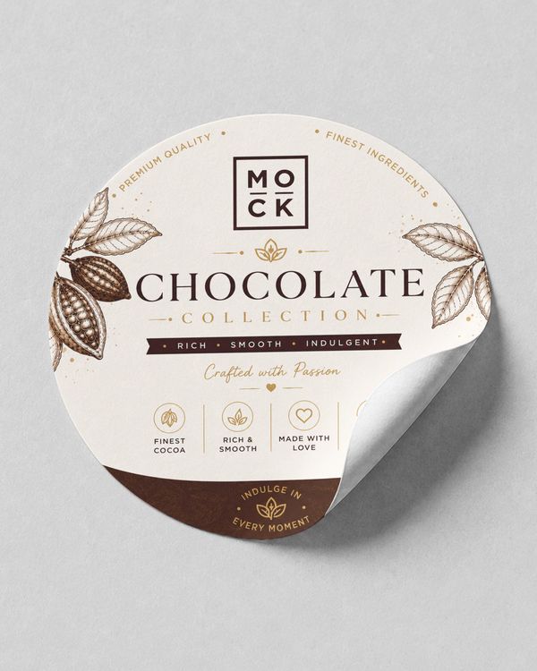 Premium round chocolate sticker mockup with elegant cocoa illustrations and refined confectionery branding.