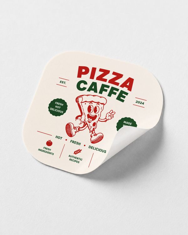 Rounded cream sticker mockup with vintage pizza cafe branding, red and green graphics, and a playful cartoon pizza illustration on a textured white background.
