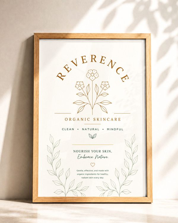 Skincare framed poster mockup with delicate botanical artwork, elegant gold typography, and a natural wood frame in a bright, neutral setting.
