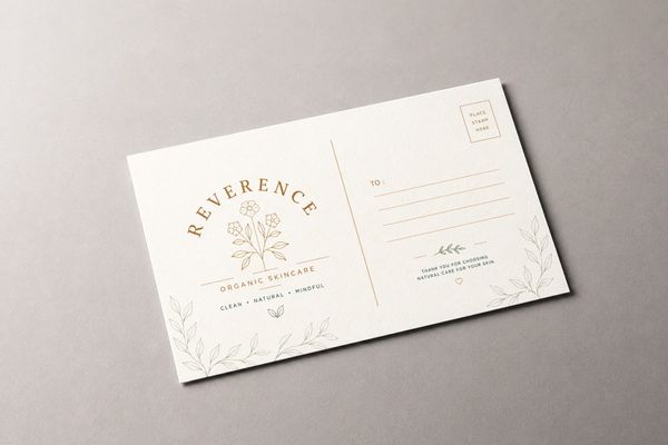 Cream skincare postcard mockup with botanical line art, gold typography, and sage green accents on a neutral textured background.
