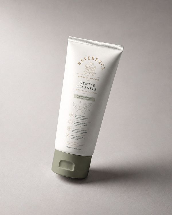 Skincare squeeze tube mockup featuring a white cosmetic tube, sage green cap, and botanical label design on a soft neutral studio background.