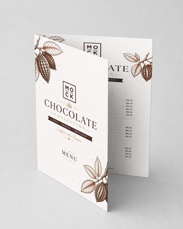 Elegant standing chocolate menu mockup with premium cocoa illustrations and refined confectionery branding.