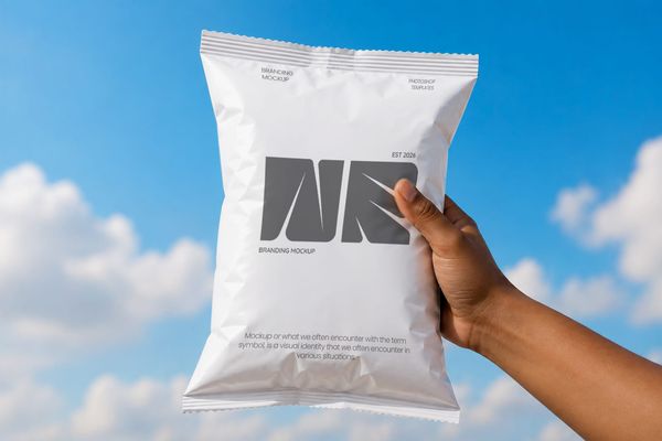 Standing snack pouch packaging mockup held outdoors against a bright blue sky.