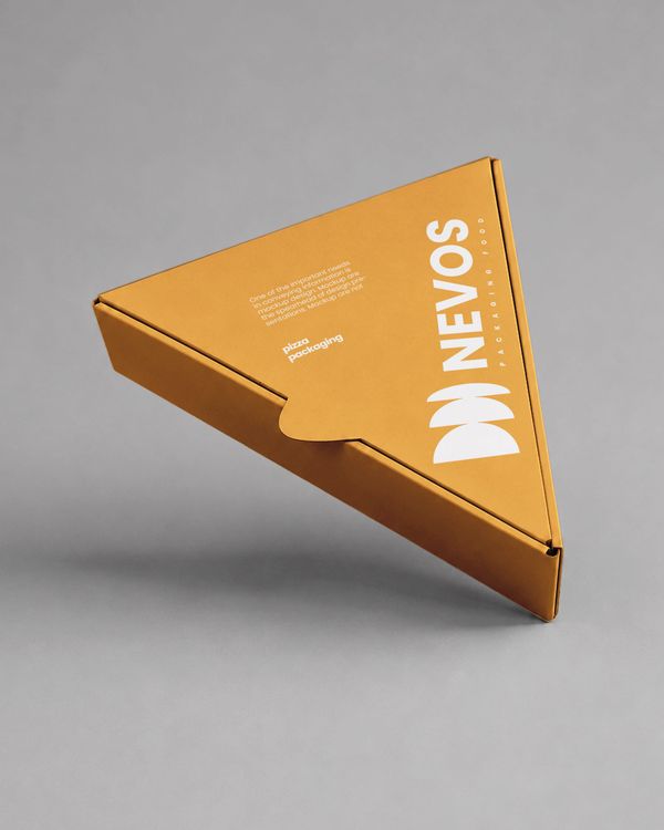 Triangular burger and fast food packaging box mockup in orange with minimalist white branding, presented at an angled perspective on a clean gray background.