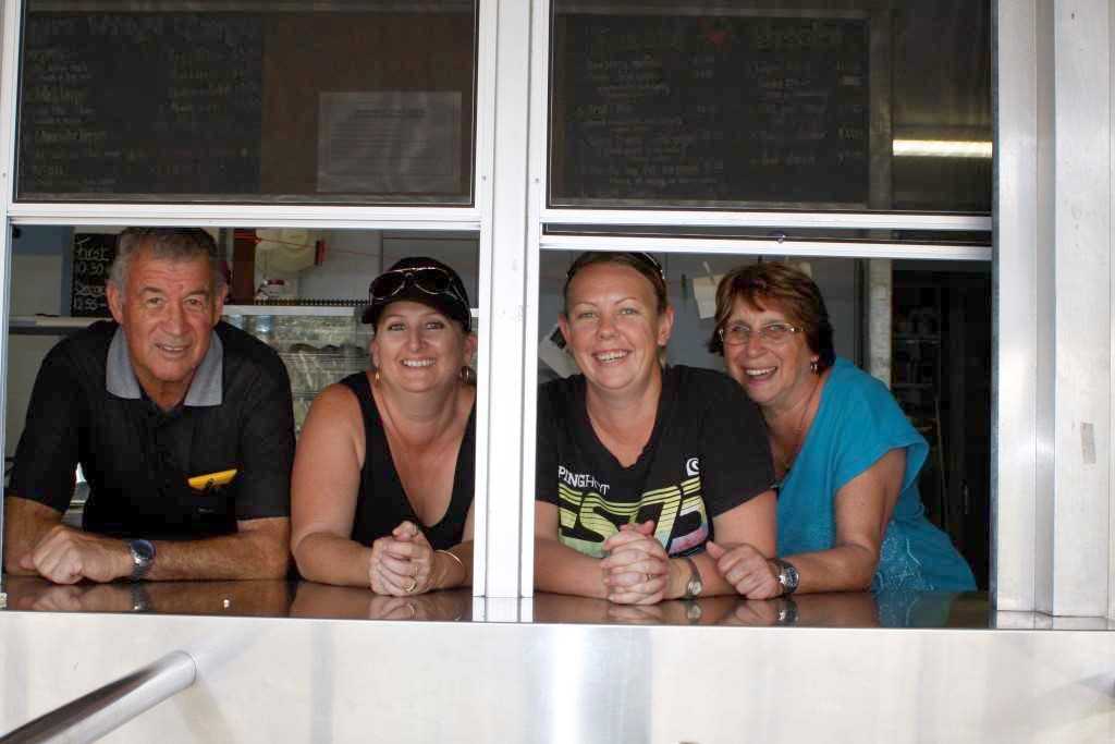 Phil Davey, Bec Reibel, Megan Grove and Annette Davey are asking for help in the tuckshop!