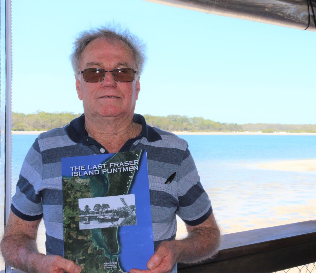Author of The Last Fraser Island Puntmen, Allan Shillig with his book - the cover was designed by 12-year-old Aiden Obst who also helped with the layout and taught Allan how to edit 