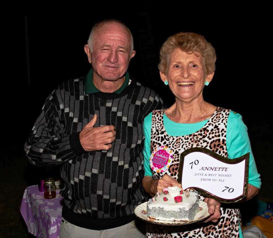 Annette and Doug Collins: 30 or so friends held a 70th birthday surprise party for Annette at Phil Rogers Park Image John Missen