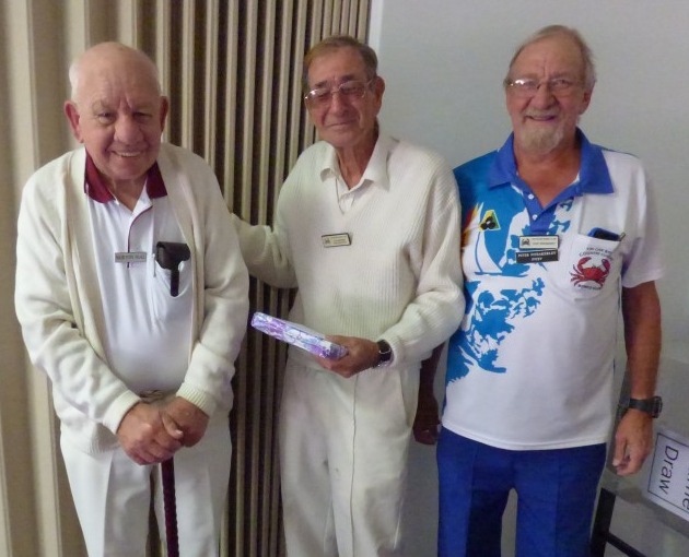 Norton Nial president of QRI Bowls Club with Patron Ron Sollaye and Vice President Peter Fitzakerley