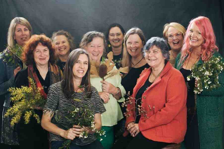 Wild/flower Women III artists and curators - photo by Jazmyn Bowman. Nicole Harper, Joolie Gibbs, Barbara Hart, Zela Bissett, Nina Shadforth, Sandra Ross, Susan Davis, Melissa Stannard. Front: Anne Harris, Ulrike Sturm. (Absent: Judy Barrass, Meaghan Shelton).