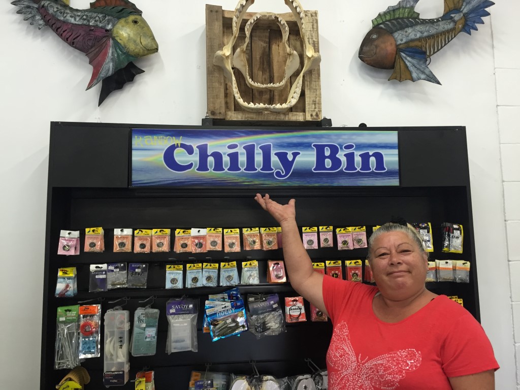 Juanita Vell says they have lots more variety in their tackle and crab pots in Chilly Bin's new cabinet