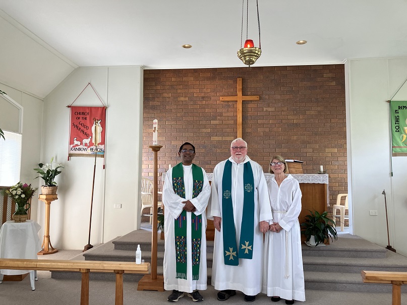 Present minister Rev. Shaji Joseph, past minister Rev. Kev Lewis, and L.A. Beris Trainer led the service to celebrate the 30th anniversary of the Good Shepherd Church. Photo supplied by Beris Trainer.