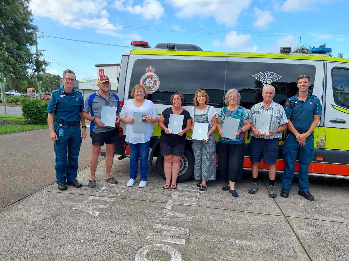 L-R: QAS District Director Tony Hucker, Ken Millers, Jenny Millers, Lisa Lee, Cherie Mason, Rosemaree Maker, Rod Jordan, and A/OIC James Whelan