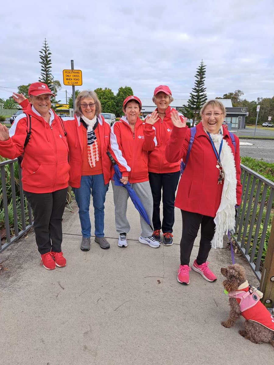 Debbie, Linda, Gayle, Verna, and Tina with Lacy loving the new red hoodies