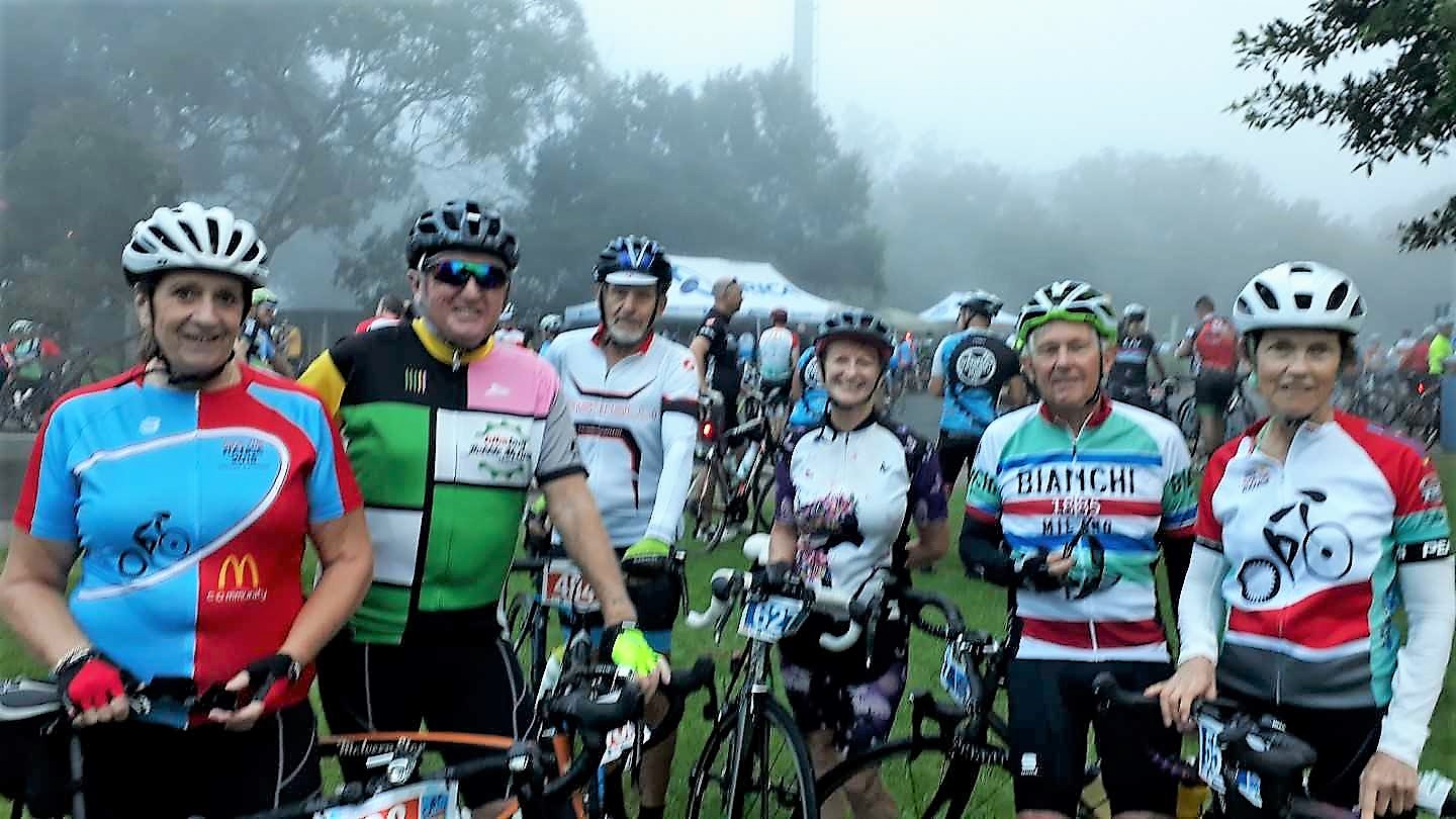 Cyclists Judi Donald, Ian Donald, Roy Yeales, Leigh Bubb, John Grimmett, June Grimmett tackle Rotary Ride the Range, one of T