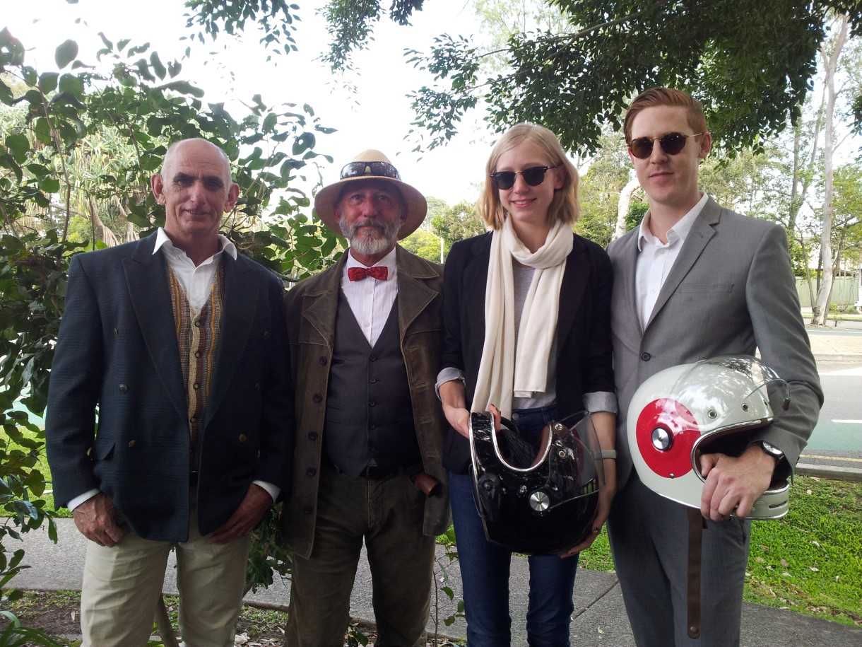 Distinguished Gentleman and lady: Col Lawton, Greg Inglis, Georgie and Conor Feehely (Greg's nephew) dress up and ride for a cause