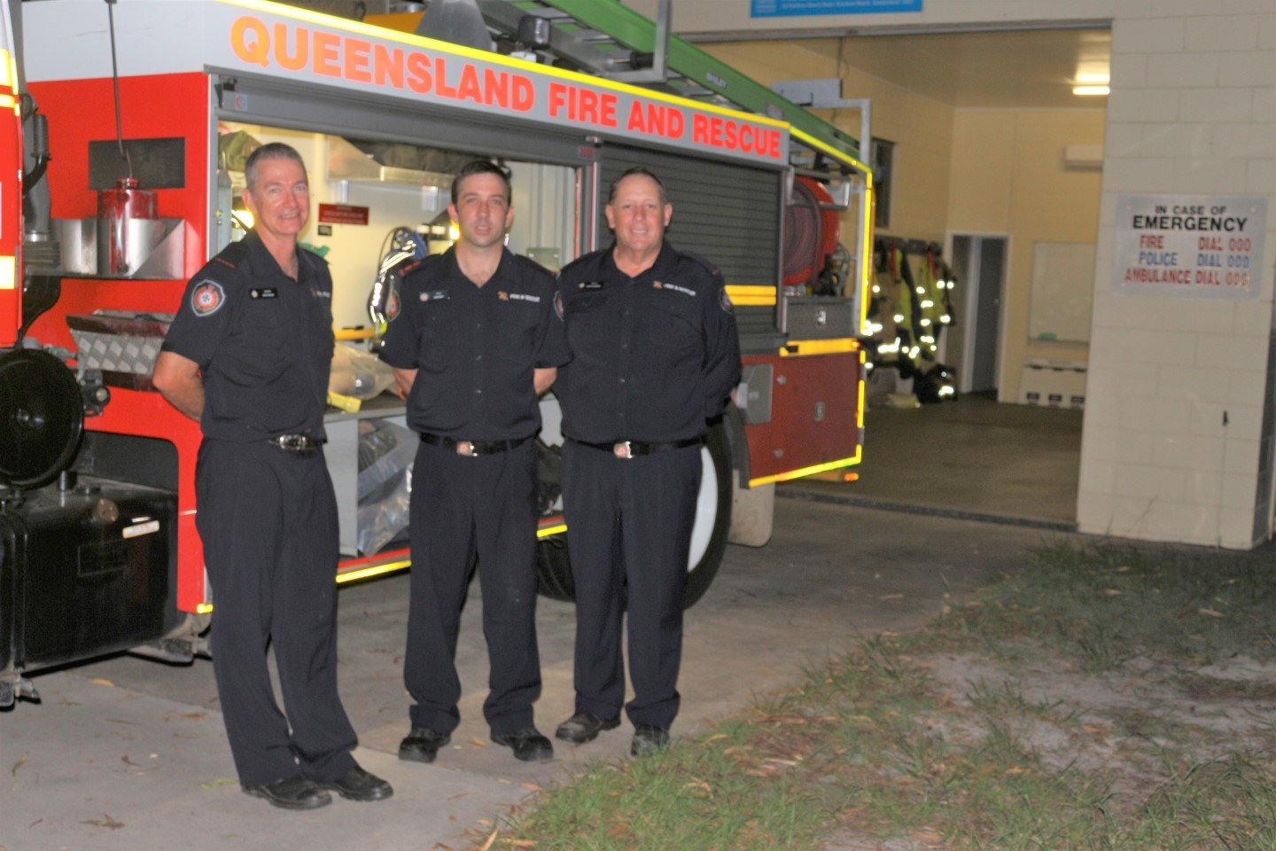 Three of the local firefighters, Ivan Thrash, Liam Gray and Geoff Cochrane, who meet every Tuesday night at the Rainbow Beach