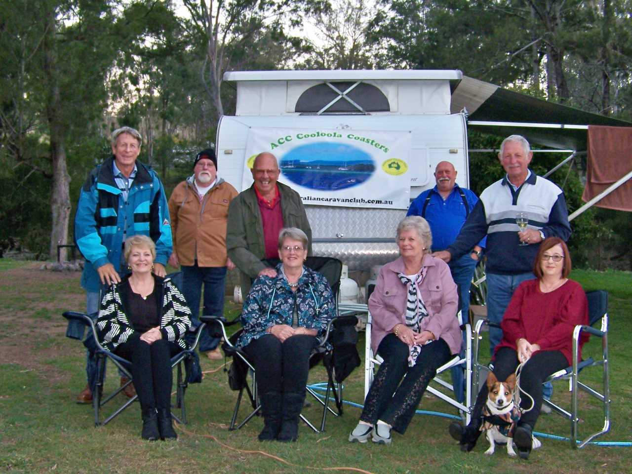 Cooloola Coasters’ at their recent Kilkivan Bush Camp: Ian and Coral Gibbins, Sid Fountain, Jim and Joan Smith, Pam Russell, Harold Turnbull, Graeme Wigley - President, Suzanne Fountain with Jett the dog